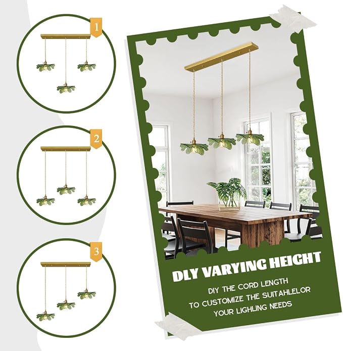 Glass Chandelier for Dining Room Vintage Chandelier Lighting 3-Light Hand Blown Gold Mid Century Modern Pendant Light with Green Glass Shade for Kitchen Island Bedroom Living Room