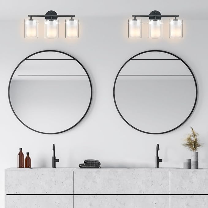 Matte Black Bathroom Light Fixtures Over Mirror with Dual Glass Shades, Modern 3-Light Vanity Lights, 20in Vanity Light Fixtures Above Mirror, Vanity Lights for Bathroom