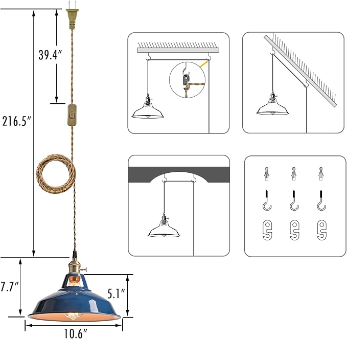 YUBOLE Farmhouse Plug-in Pendant Light-Dark Blue Barn Hanging Light | Adjutable Hanging Cord with On-Off Switch Swag Lamp Renter Fridenly for Kitchen Bar Cafe Bedroom Loft