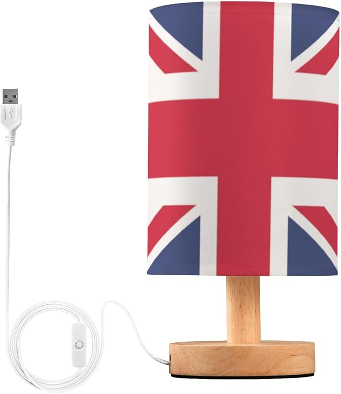 Table Lamp British Flag England London Union Jack Nightstand Lamp with Wood Base Fabric Lamp Shade Bedside Desk Lamp for Living Room Bedroom Kids Room Office