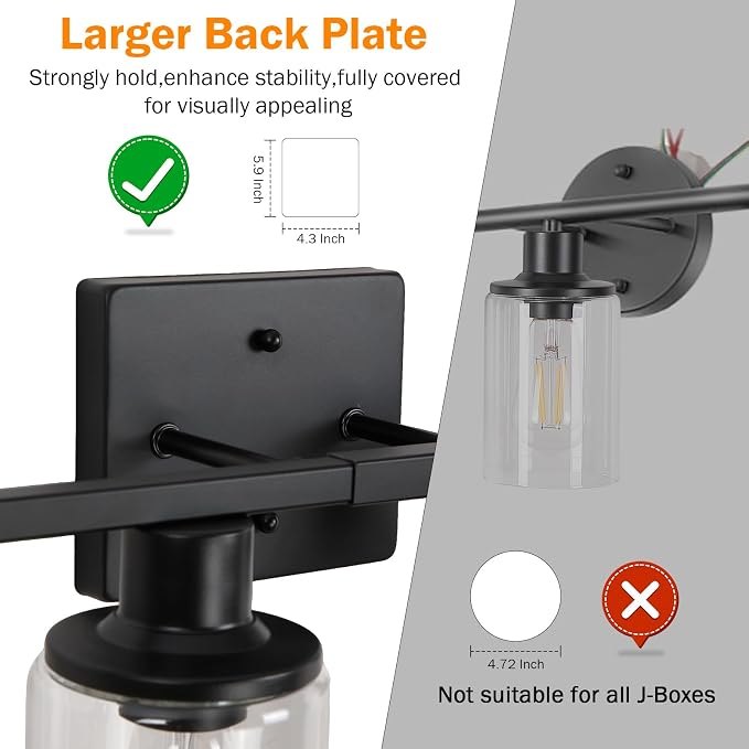 Matte Black Bathroom Light Fixtures Over Mirror,4-Light Bathroom Vanity Light with Clear Glass Shade,Modern Farmhouse Wall Sconces Lighting for Mirror Kitchen Living Room Cabinet