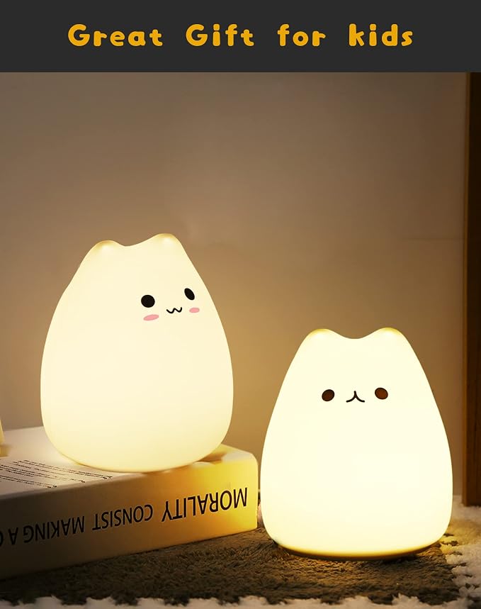 LED Night Light, Battery Powered Kids' Lamp, Silicone Multicolor Cute Cat with Warm White & 7-Color Breathing Mode for Kids & Babies