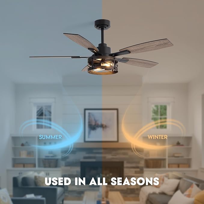 50 Inch Ceiling Fans with Lights and Remote & APP Control, Farmhouse Ceiling Fan with LED Lighting for Bedroom Living Room and Patio, Black Caged Ceiling Fan for Indoor and Outdoor(NO BULBS）