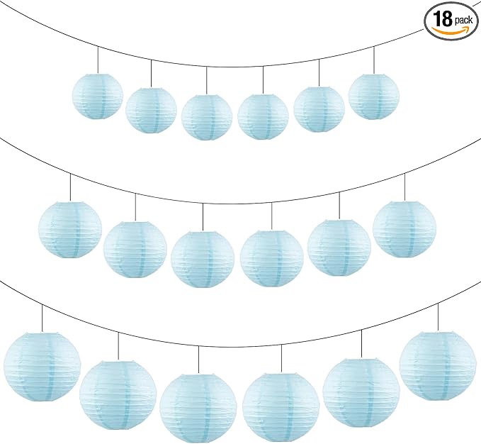 Chinese Paper Lanterns for Birthday Party Decorations – Hanging Rainbow Lanterns for Ceiling Decor, Classroom, Wedding, and Home Party – Pack of 18,Light Blue(8/10/12-Inch)