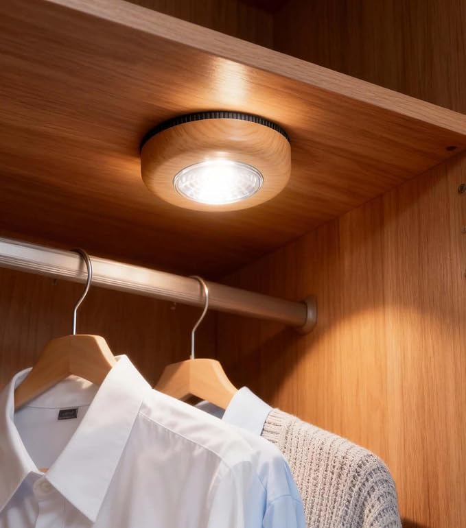 Wood Grain Puck Light, 6 Pack Small Push Lights Tap Light Battery Powered | Stick On Push Lights, Self-Adhesive Under Cabinet Lighting for Kitchen, Closet, Wardrobe, Shelf, Showcas, Shelf