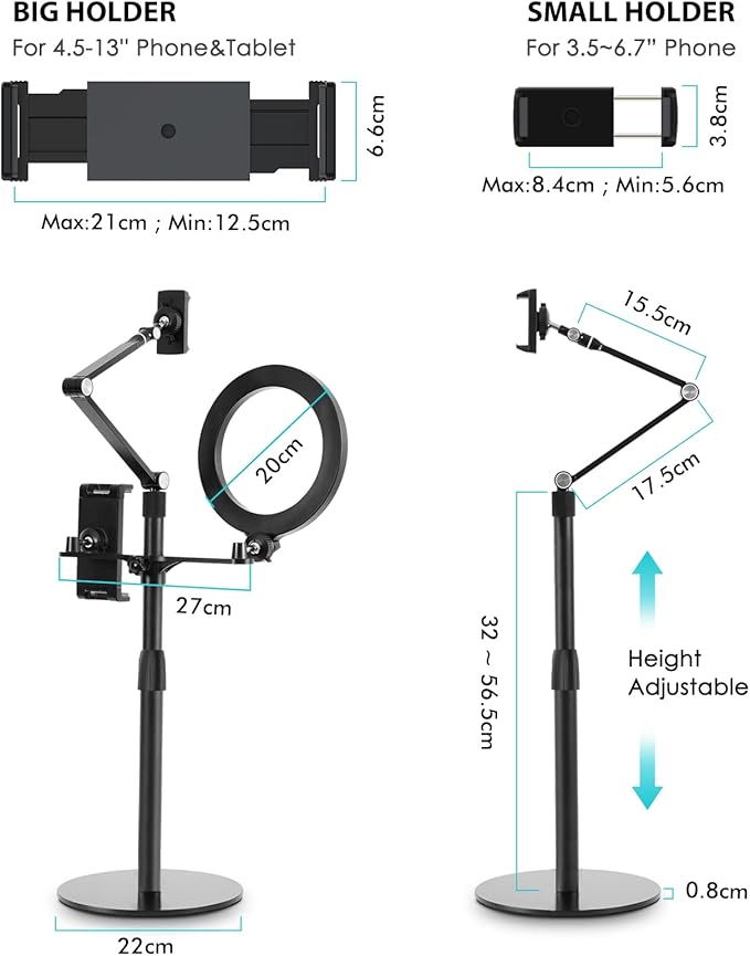 viozon 3-in-1 Selfie Desktop Live Stand, Height Adjustable/Overhead, 8" LED Ring Light, Compatible with 3.5-13" Tablet& Phone, Suitable for YouTube/Tiktok/Recording/Streaming/Online Meeting-B