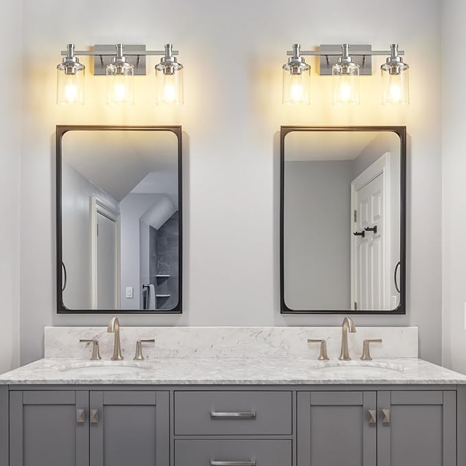 Brushed Nickel 3-Light Vanity Lights with Clear Glass Shade, Modern Bathroom Vanity Light Over Mirror, Kitchen Bedroom Hallway Cabinet Wall Lamp