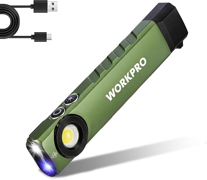 WORKPRO Rechargeable Pocket Flashlight, Magnetic EDC Light with UV, Green | Compact, 600 Lumens LED & UV Light, 2 Magnetic Bases, Pocket Clip, 7 Modes, Camping, Garage, Repair & Emergency Use