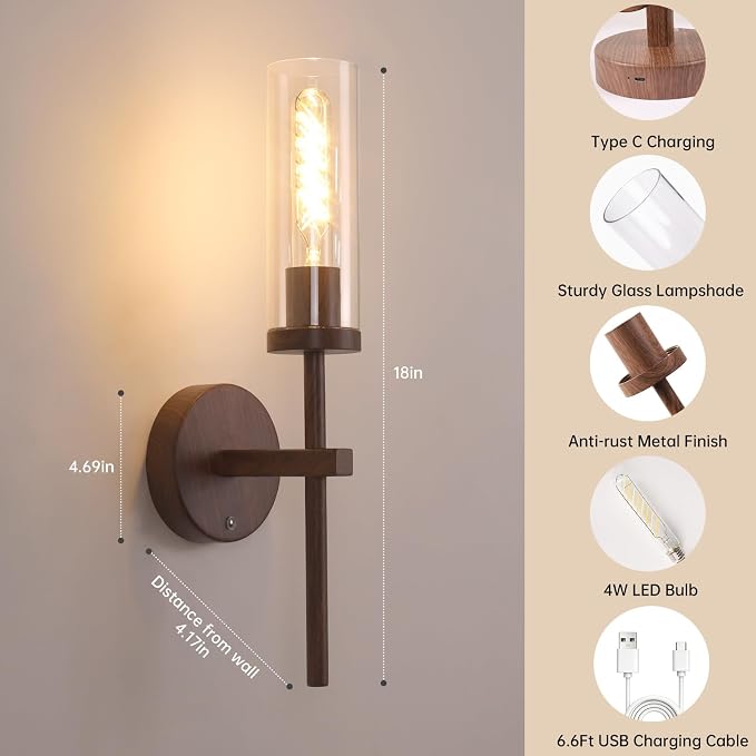 Shenmoyl Battery Operated Wall Sconces Set of 2, Walnut Color Rechargeable Wall Lighting Fixtures, Dimmable Wall Lights with Remote & Clear Glass Shade for Living Room, Bathroom,Bedroom