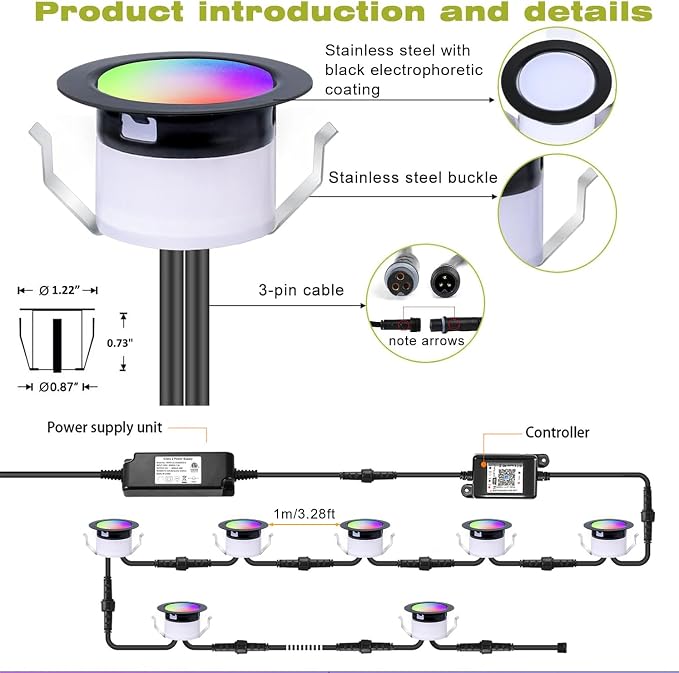 Sumaote LED Deck Lights Kit, 30 Pack 1.22" WiFi Smart RGBW+IC Multicolor | Recessed Low Voltage 12V IP67 Waterproof, App Control Dynamic Color Changing, for Outdoor Step Stair Garden Yard Landscape