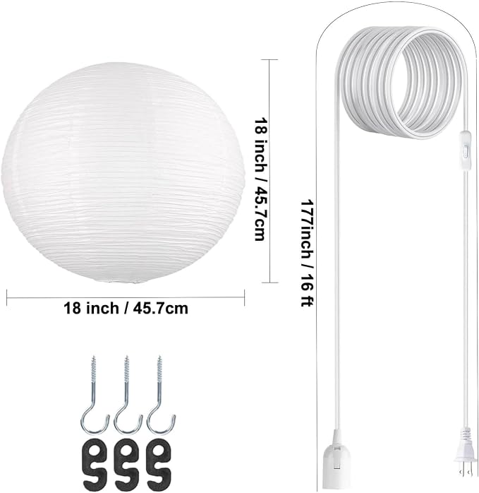 2 Pack 18 Inch Plug-in Paper Lantern Pendant Light, Rice Paper Lamp | Japanese Wabi-Sabi Light, 4.5M/15FT Adjustable Cord, E26 Socket, Soft Diffused Light for Bedroom, Dining Room & Cafe Decor