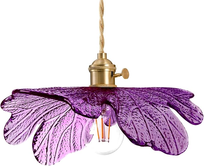 Modern Pendant Light for Dining Room, Purple Glass Leaf Shade | Mid Century Pendant Lights For Ceiling, Brass E26 Base, Gold Hanging Lamp Adjustable Height Vintage kitchen island Lighting