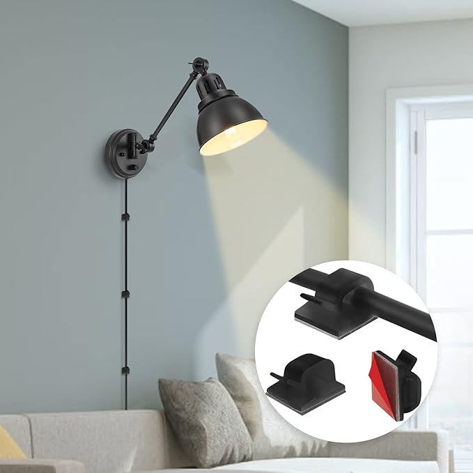 Plug in Wall Sconces Set of 2, ENCOMLI Wall Sconce Lighting with Dimmable On Off Switch, Swing Arm Wall Lamp, Black Metal Industrial Wall Light Fixtures, Safety E26 Base, 6FT Plug in Cord