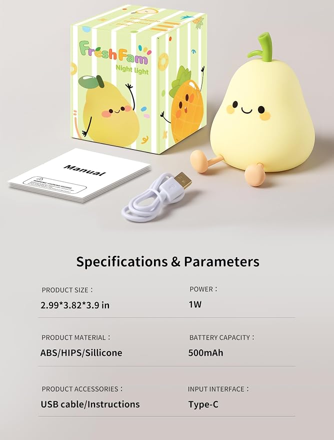 Pear Night Light for Kids, Nursery Night Lights, Bedside Touch Lamp, Cute Silicone Nightlight for Baby Toddler, 3 Level Dimmable Soft Night Lamps Gift for Bedroom Kids Room Decor