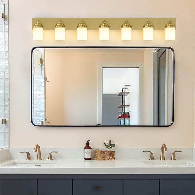 IZORRO Bathroom Vanity Light Fixture, 7-Light 52 inch Gold Bathroom Light Fixtures Over Mirror, with White Glass Shade, Modern Farmhouse Vanity Lights, Rustic Restroom Lighting Fixtures