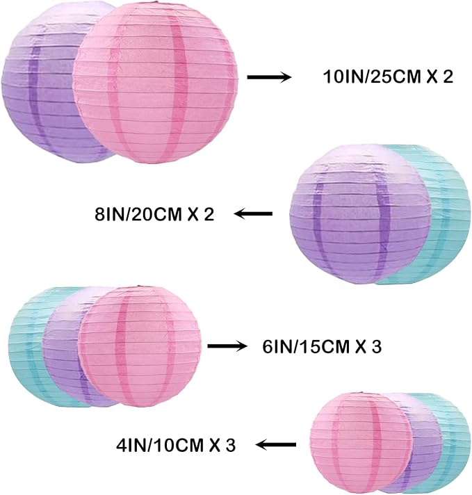 ZOOYOO 10Pcs Paper Lanterns,Pink Purple Blue Round Hanging Tissue Paper Lanterns Decorations for Birthday,Wedding,Baby Shower,Theme Party Garden Home Decor