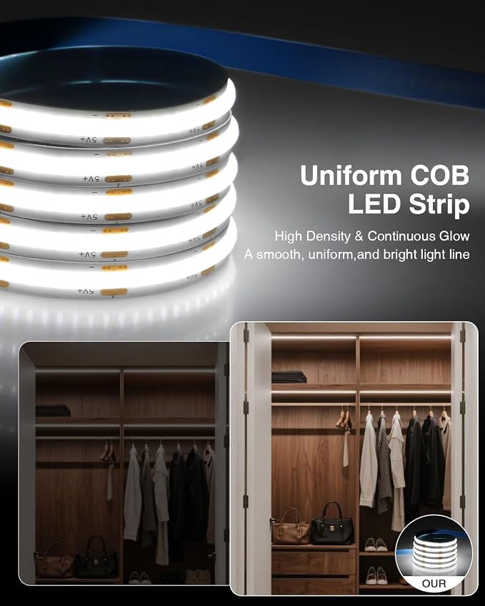 Aclorol 1M 5V COB LED Strip Light 2 Pack White 6000K Dimmable Brightness | LED Flexible Tape Lights with 1.5M USB Cable, High Density 320LEDs, for Under Cabinet TV Backlight Bedroom Wardrobe Displays