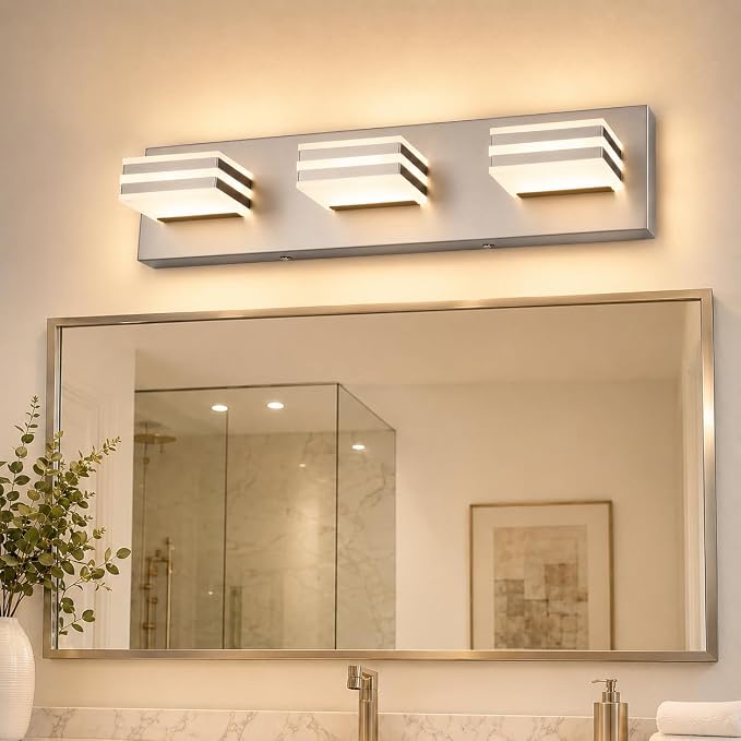 3-Light Brushed Nickel Vanity Light for Bathroom, 20 Inch 24W 5CCT Dimmable LED Fixture with Clear Acrylic Shade, Hardwired Modern Wall Light Over Mirror for Guest Bath