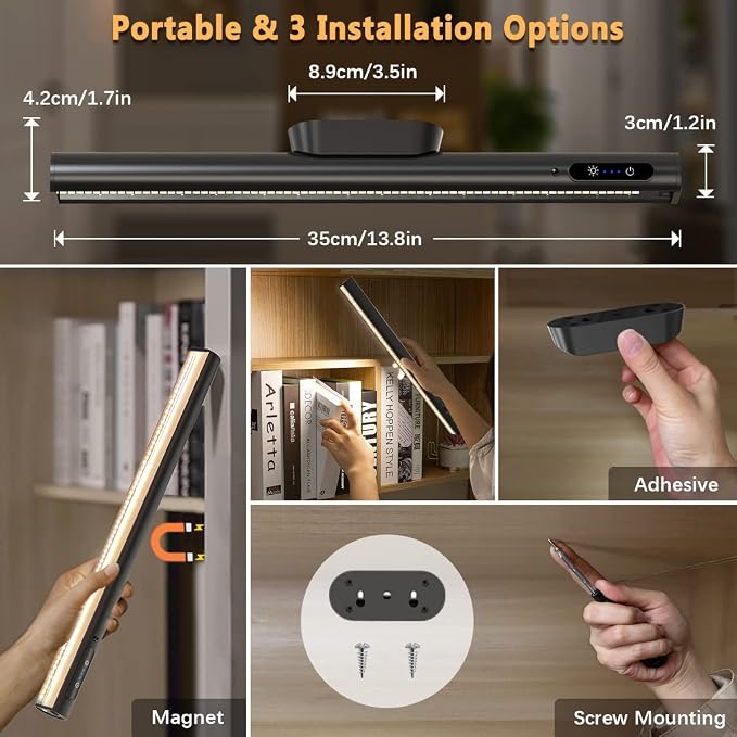 Rechargeable Magnetic LED Light Bar, 4000mAh Wireless Closet Light | Under Cabinet Lighting, Battery Powered Operated Wall Strip Light, Dimmable Lamp for Mirror Closet Picture Kitchen Black