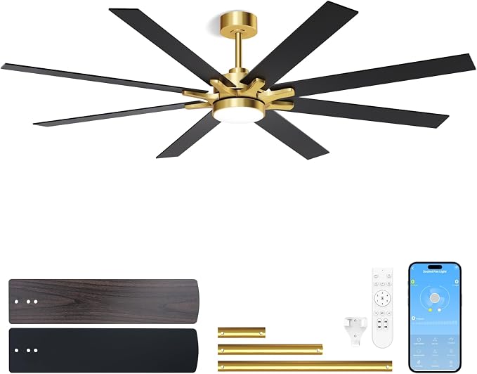 LANMEL Metal Ceiling Fan with Lights and Remote, 72 Inch, Gold & Black | Modern Low Profile Flush Mount, Reversible, 3CCT Dimmable, Quiet, LED, For Bedroom, Living Room, Indoor/Outdoor Patio Use