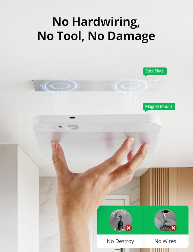 Bojim Magnetic Rechargeable Battery Operated Motion Sensor Ceiling Light | Magnetic Wireless Lights IP44 Waterproof & Dimmable 3CCT No Wiring for Closet Bedroom Pantry Garage