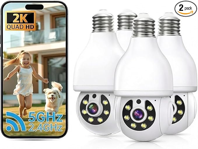 2K Light Bulb Security Camera 5G&2.4G WiFi Security Cameras Wireless Outdoor Indoor,360°Bulb Cameras for Home Security Outside Indoor,Motion Detection and Alarm,Two-Way Talk,Color Night Vision 4 Packs