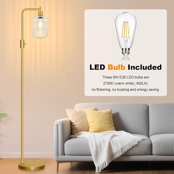 【Upgraded】 Dimmable Floor Lamp for Living Room with Clear Ribbed Glass Lampshade, Gold Modern Floor Lamp with 900LM LED Bulb Included, Arc Standing Tall Lamp for Bedroom, Office, Reading Room, Corner