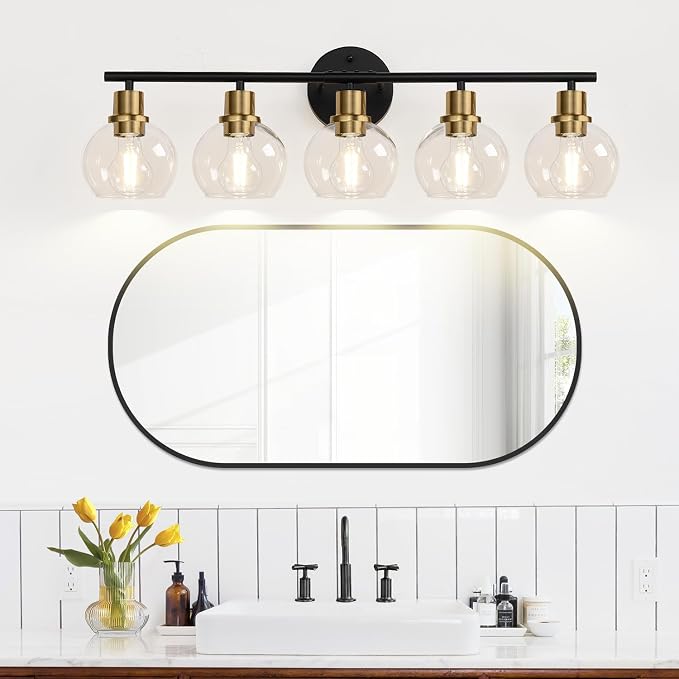 5-Light Bathroom Vanity Light, Black and Gold Bathroom Light Fixtures with Clear Glass Globe Shades, Modern Vanity Lighting Over Mirror for Bathroom, Kitchen, Living Room, Hallway, Bedroom, Porch