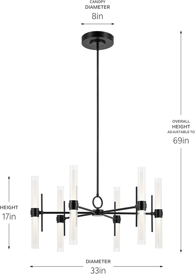 Kichler Riven LED 12-Light Chandelier with Clear Fluted Glass in Black, Sloped Ceiling Compatible, for Kitchen or Dining Room (17" x 33"), 52752BKLED