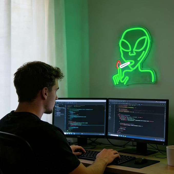 Alien Neon Sign for Wall Decor, Dimmable LED Green Alien Neon Lights Sign for Bedroom Game Room Man Cave Home Bar Party Decor Gifts