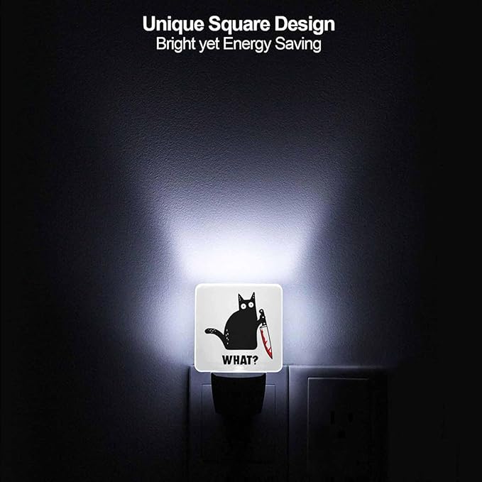 LED Night Light,Black Cat and Knife What LED Night Light Plug into Wall with Dusk to Dawn Light Sensor White Energy Efficient Nightlight for Bedroom Bathroom Hallway Living Room Kitchen