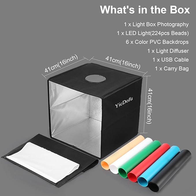 16 Inch Photo Light Box, CRI>90 Photography Shooting Tent with 224 LED Beads Dimmable 3200K-6500K, 6 Color Backdrops Portable Product Photography Studio