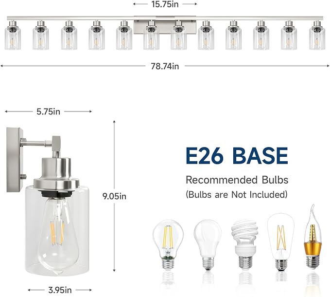 Brushed Nickel Bathroom Vanity Light, 12 Light Brushed Nickel Bathroom Lighting fixtures Over Mirror, Brushed Nickel Bathroom Vanity Lights Wall Lighting for Mirror Bedroom, Living Room