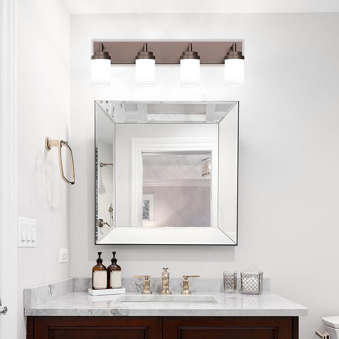 Bathroom Light Fixtures, Oil Rubbed Bronze Bathroom Lighting Fixtures Over Mirror, Modern Vanity Light with White Glass Shade, Restroom Lighting Fixtures, 4-Light 30-inch