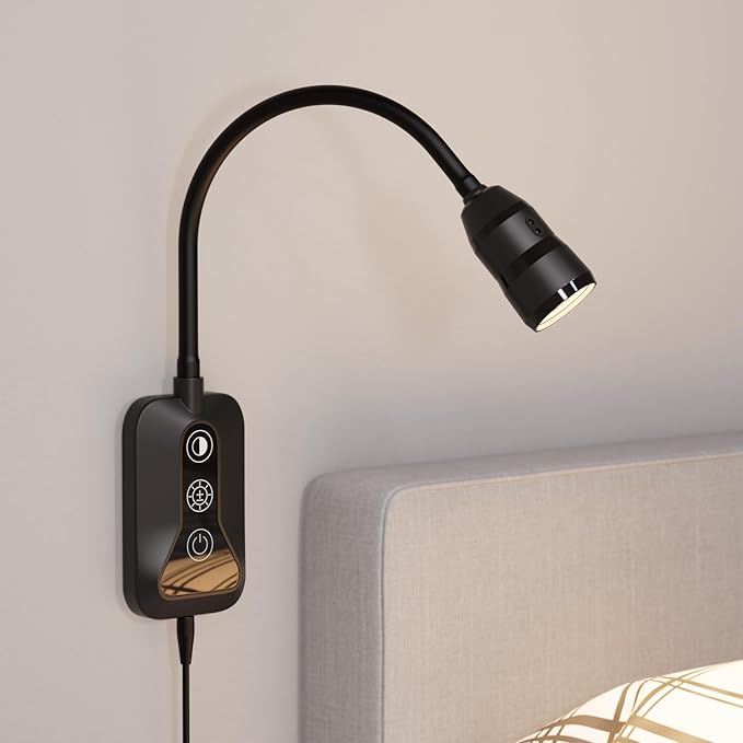 LED Wall Mounted Reading Light with Wave Sensor/Touch Switch, 5 Color & 5 Level Dimmable Touch Book Light for Reading with USB C Charging Port, Eye-Care Bedside Reading Lamp for Bed,Heaboard (Black)