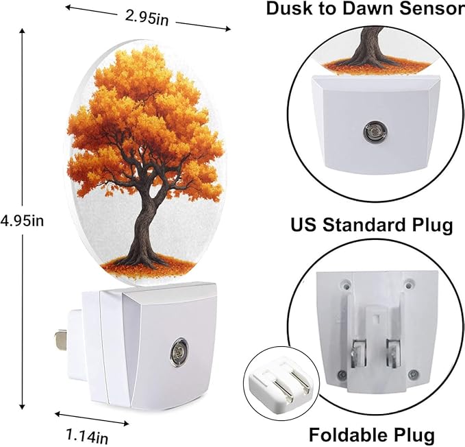 Plug-in Autumn Tree Night Light Fall Yellow Orange Leaves Nightlight with Dusk to Dawn Sensor, Auto On/Off 0.5W Energy-Saving LED Lighting for Men Women Boys Girls Gift