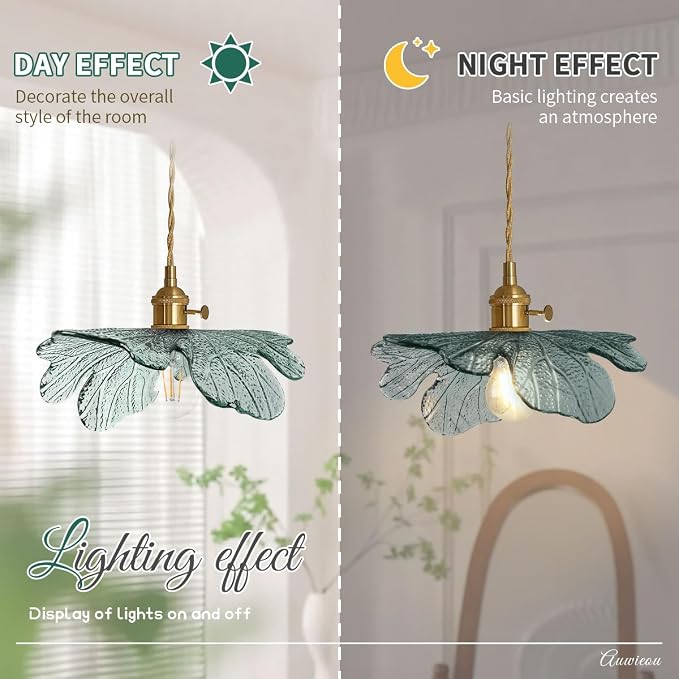 Gold Pendant Light Set of 2, Modern Hanging Ceiling Fixture with Dark Green Hand Blown Flower Glass Shade for Kitchen Island Dining Room Bedroom