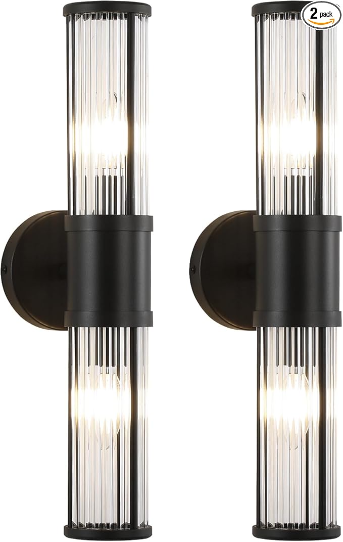 Wall Sconces Set of 2, Farmhouse Vanity Lights Fixtures for Bathroom, 2-Light Modern Bath Wall Mount Lamp with Glass Rods Shade for Hallway, Living Room, Mirror, Kitchen