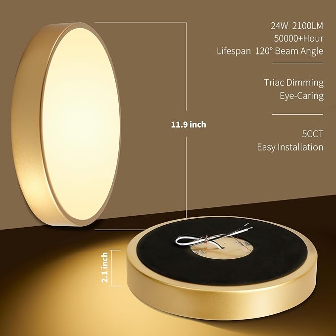 Flush Mount Ceiling Light Fixtures Gold LED Dimmable 5CCT 12In 24W 3Pack | 2700K, 3000K, 3500K, 4000K, 5000K, Iron Construction, IP40, For Bathroom, Bedroom, Kitchen, Entryway, Closet & Hallway, ETL