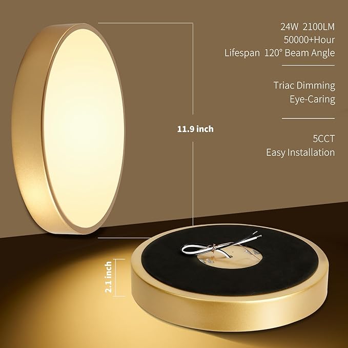 Flush Mount Ceiling Light Fixtures Gold LED Dimmable 5CCT 12In 24W 2Pack | 2700K, 3000K, 3500K, 4000K, 5000K, Iron Construction, IP40, For Bathroom, Bedroom, Kitchen, Entryway, Closet & Hallway, ETL