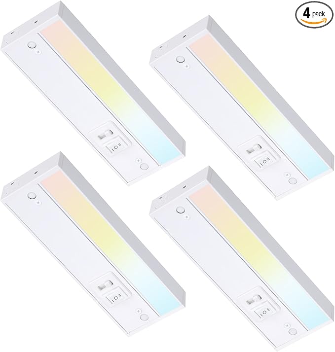 TORCHSTAR LED Under Cabinet Lighting 5CCT, 8 Inch 6W 450LM, Hardwired & Plug-in, 5 Color Selectable CRI90 120V ETL T24 Listed Dimmable Under Counter Lights for Kitchen, White Aluminum Housing, 4 Pack