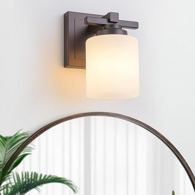 Modern Bathroom Light Fixtures Over Mirror, Vanity Lights for Bathroom Wall Sconces with Milky White Glass Shades, E26 Socket (Bulbs Not Included), 1 Light, Oil Rubbed Bronze