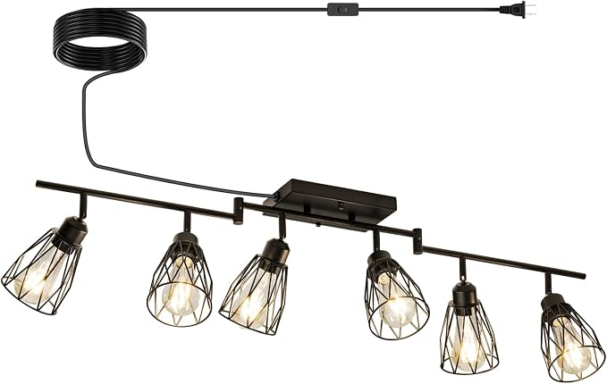 6-Light Plug in Track Lighting with Power Cord, Black (No Bulbs) | Plug in Ceiling Light Flush Mount, LED Track Lighting Fixtures for Kitchen Farmhouse, E26 Track Light Kit with Metal Cage
