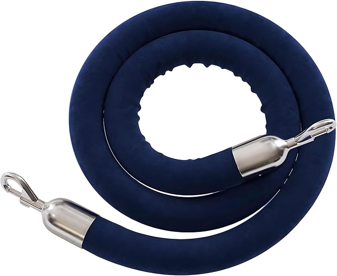 Montour Line Velvet Hanging Stanchion Rope Foam Core, 6 Foot Dark Blue Rope with Polished Stainless Steel Snap Ends
