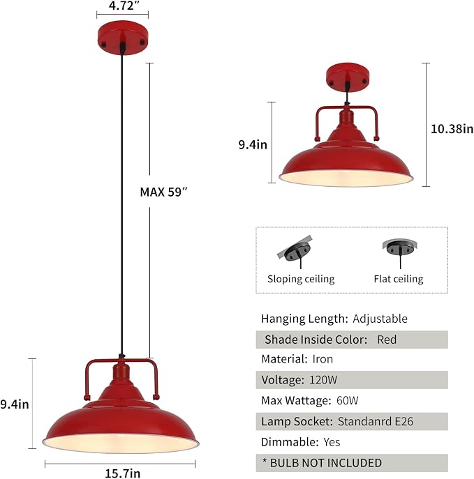 Red Pendant Lights Kitchen Island, Large Pendant Light 15.7" 3 Packs, Farmhouse Pendant Light, Modern Pendant Lights, Kitchen Pendant Lights, Pendant Light for Kitchen, Living Room, Bedroom