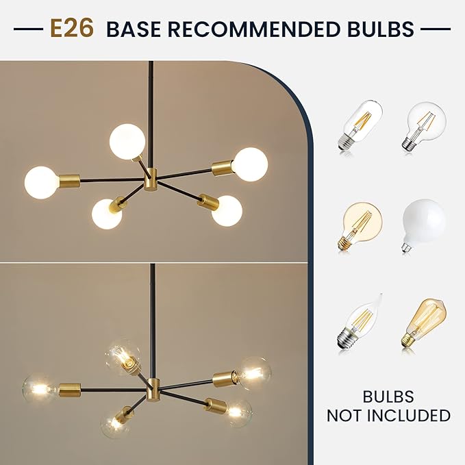 Modern Sputnik Light Fixture,Semi Flush Mount Ceiling Light Black and Gold Mid Century Chandeliers for Bedroom,Dining Room,Kitchen Island,Living Room,Bedroom,Farmhouse