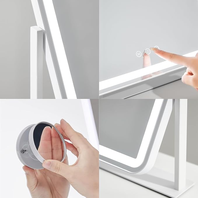 HIEEY Vanity Mirror with Lights, 13.5" x 17.4" Makeup Mirror with Lights, Three Color Lighting Modes, and 5X Magnification Mirror, Smart Touch Control, 360°Rotation (White,Gift Box)