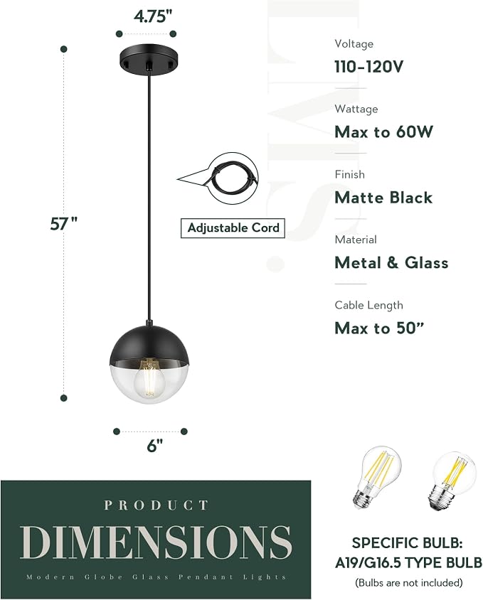 6-inch Modern Pendant Light, Matte Black Kitchen Pendant Light with Clear Globe Glass, Adjustable Hanging Farmhouse Pendant Light Fixtures for Dining Room Living Room Kitchen Island, LMS-186BKCS