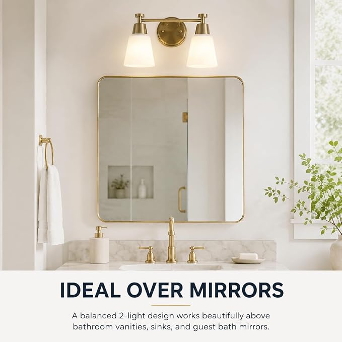 2-Light Bathroom Vanity Light, Gold Finish with Milk Glass Shades, Over Mirror, for Bathroom Vanity