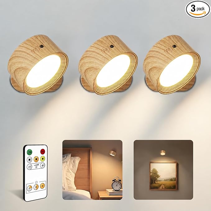 LED Wall Mounted Lights, Rechargeable Wall Sconces, 3 Color Temps, Remote & Touch, 360° Rotating and Dimmable for Bedroom, Bedside & Reading (Wood, 3Pack)